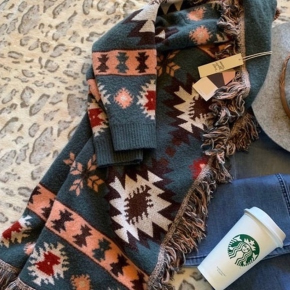 New Aztec Print Blanket Western Fringe Cardigan Sweater Coat - Picture 9 of 10